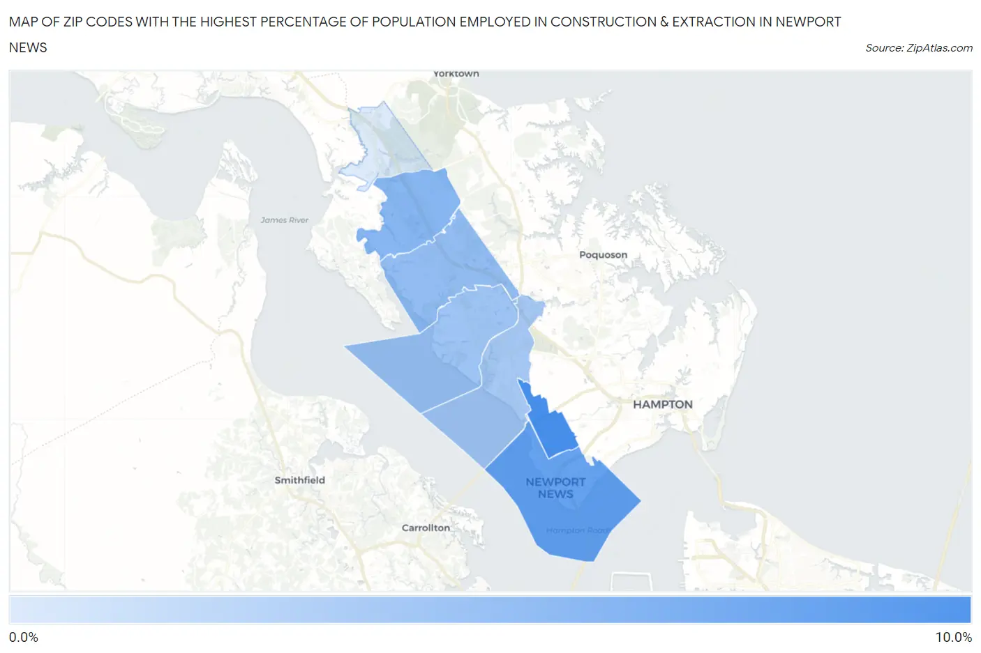 Zip Codes with the Highest Percentage of Population Employed in Construction & Extraction in Newport News Map