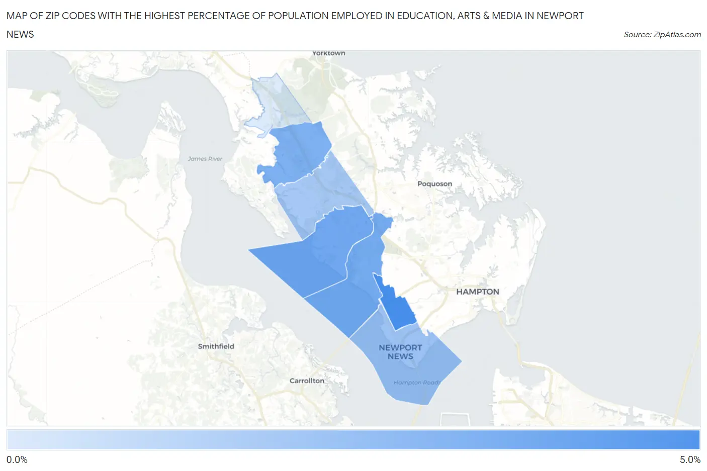 Zip Codes with the Highest Percentage of Population Employed in Education, Arts & Media in Newport News Map