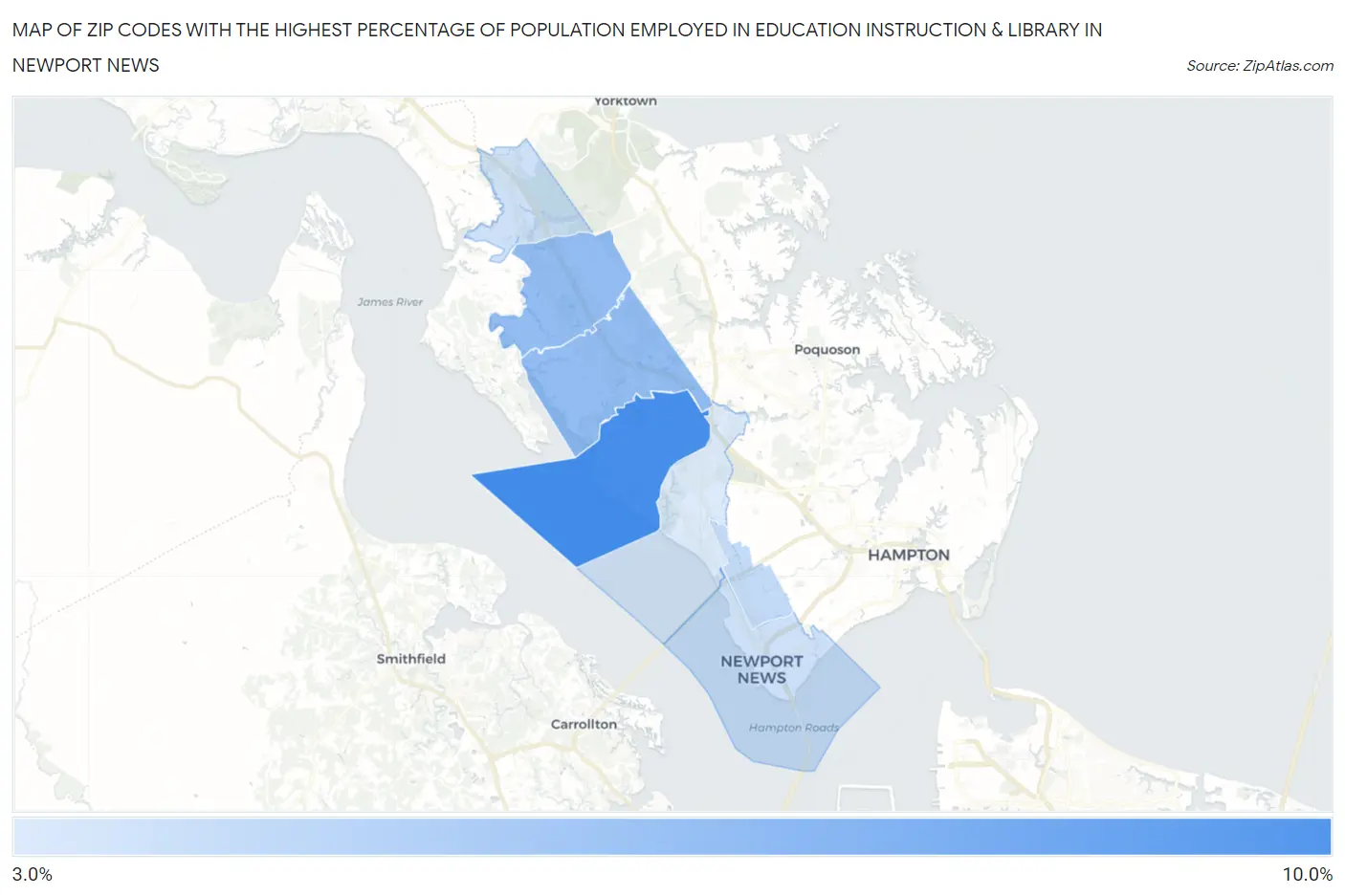 Zip Codes with the Highest Percentage of Population Employed in Education Instruction & Library in Newport News Map