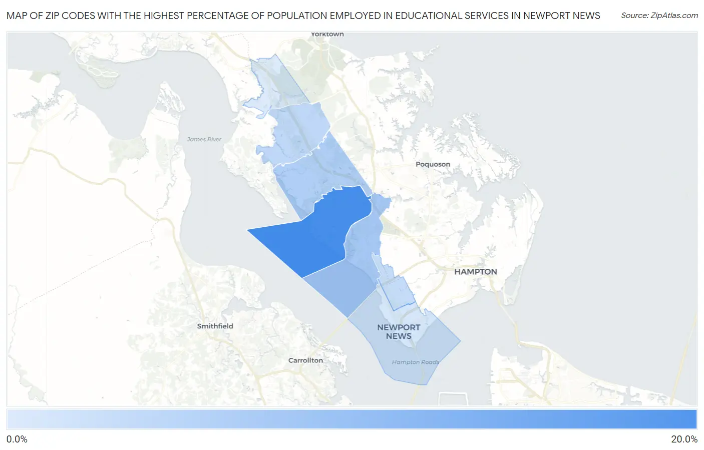 Zip Codes with the Highest Percentage of Population Employed in Educational Services in Newport News Map