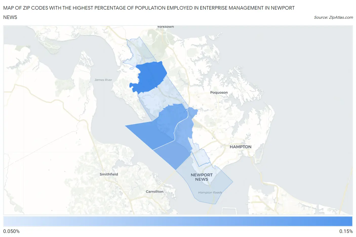 Zip Codes with the Highest Percentage of Population Employed in Enterprise Management in Newport News Map