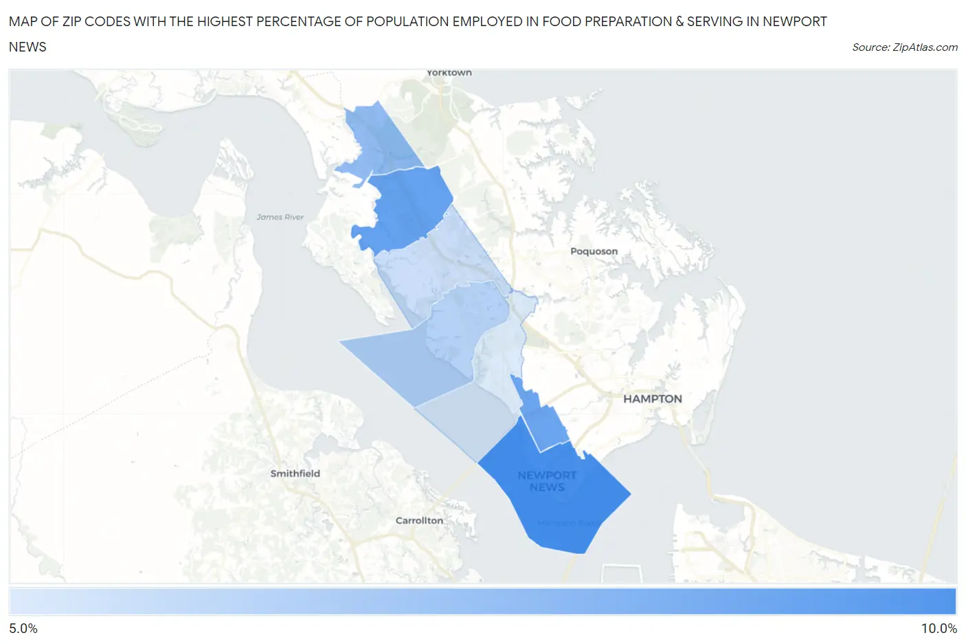 Zip Codes with the Highest Percentage of Population Employed in Food Preparation & Serving in Newport News Map