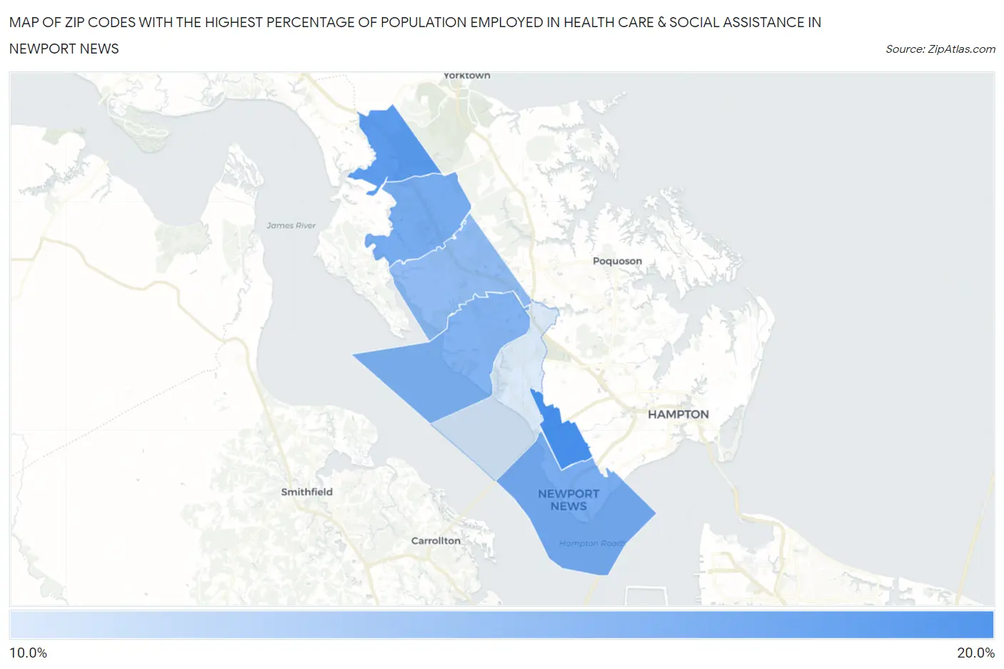 Zip Codes with the Highest Percentage of Population Employed in Health Care & Social Assistance in Newport News Map