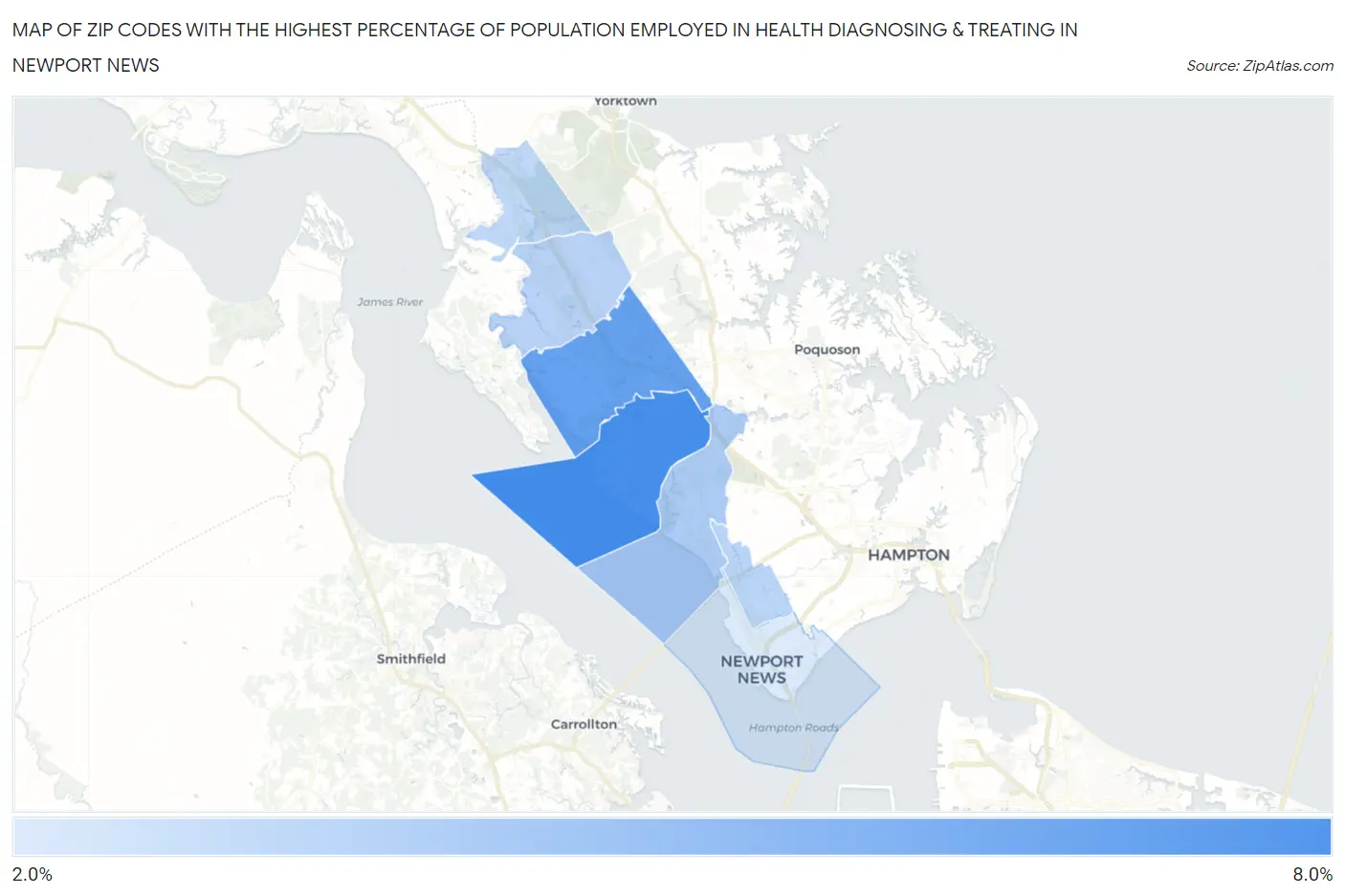Zip Codes with the Highest Percentage of Population Employed in Health Diagnosing & Treating in Newport News Map