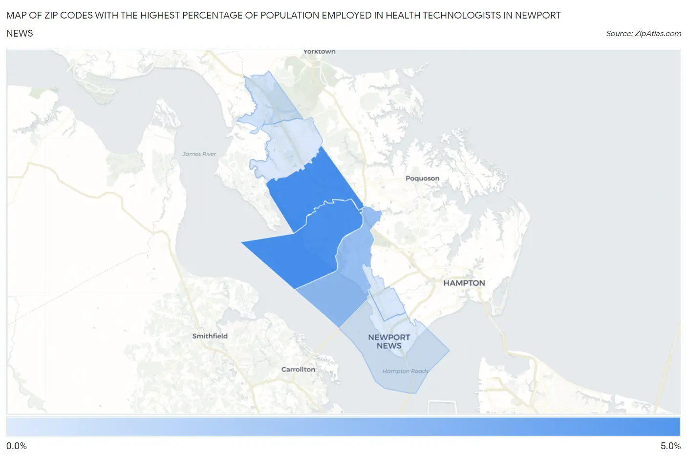 Zip Codes with the Highest Percentage of Population Employed in Health Technologists in Newport News Map