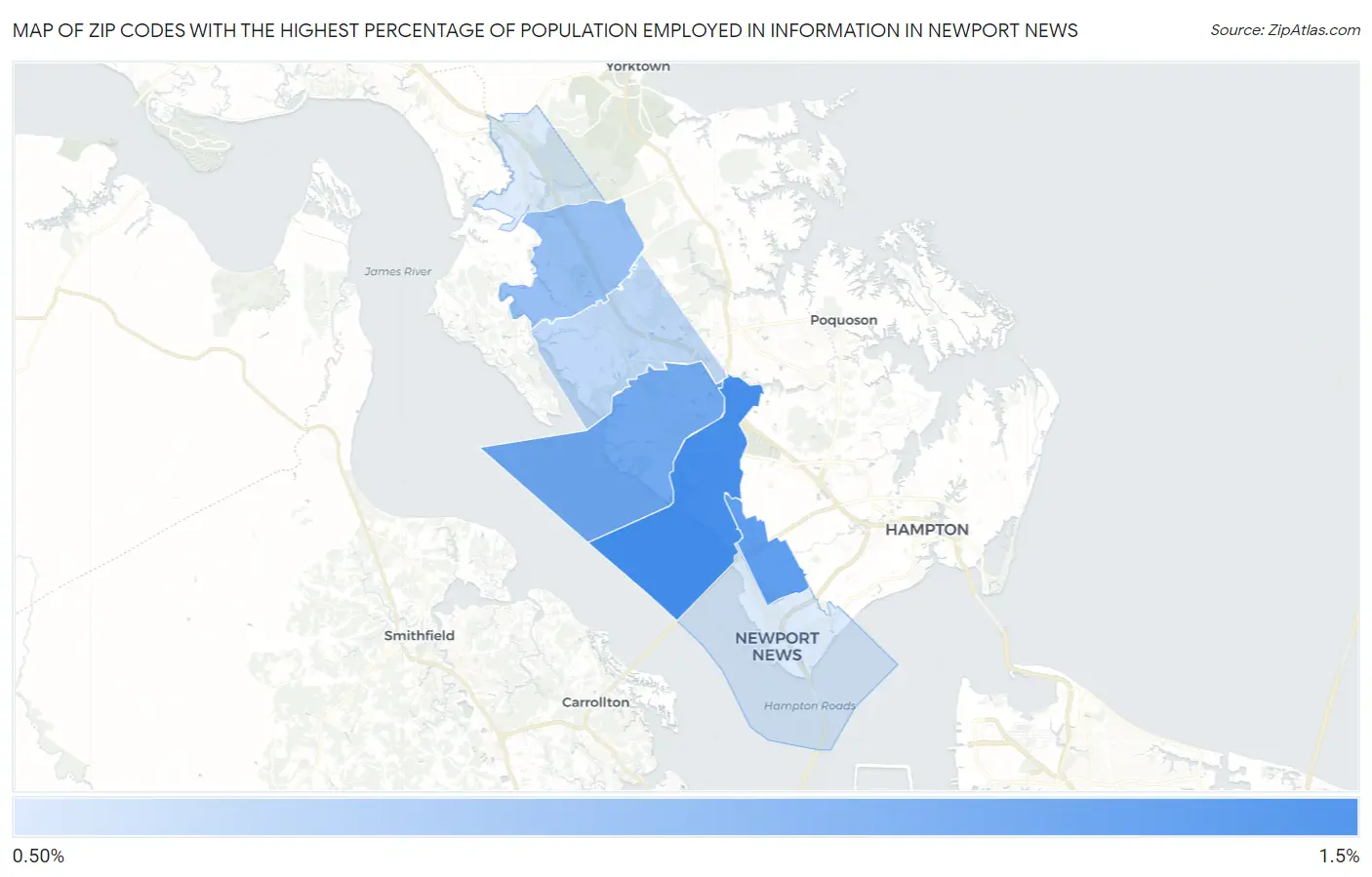 Zip Codes with the Highest Percentage of Population Employed in Information in Newport News Map