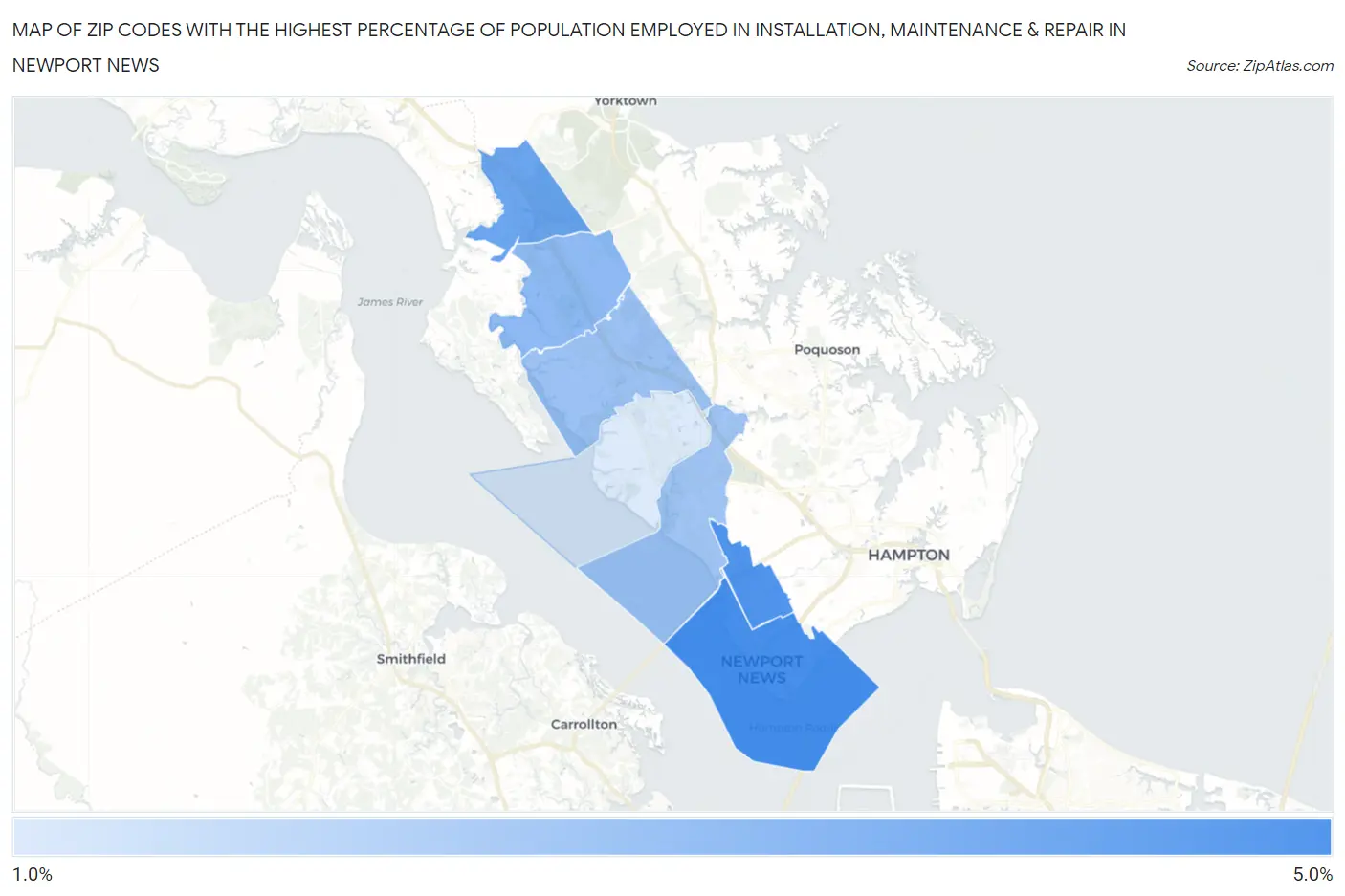 Zip Codes with the Highest Percentage of Population Employed in Installation, Maintenance & Repair in Newport News Map