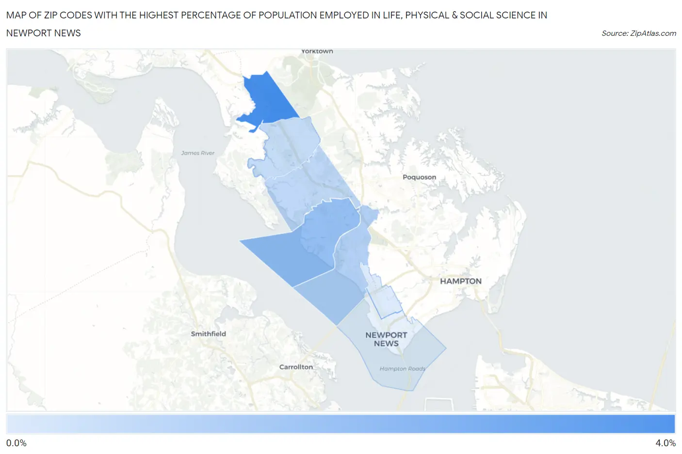 Zip Codes with the Highest Percentage of Population Employed in Life, Physical & Social Science in Newport News Map