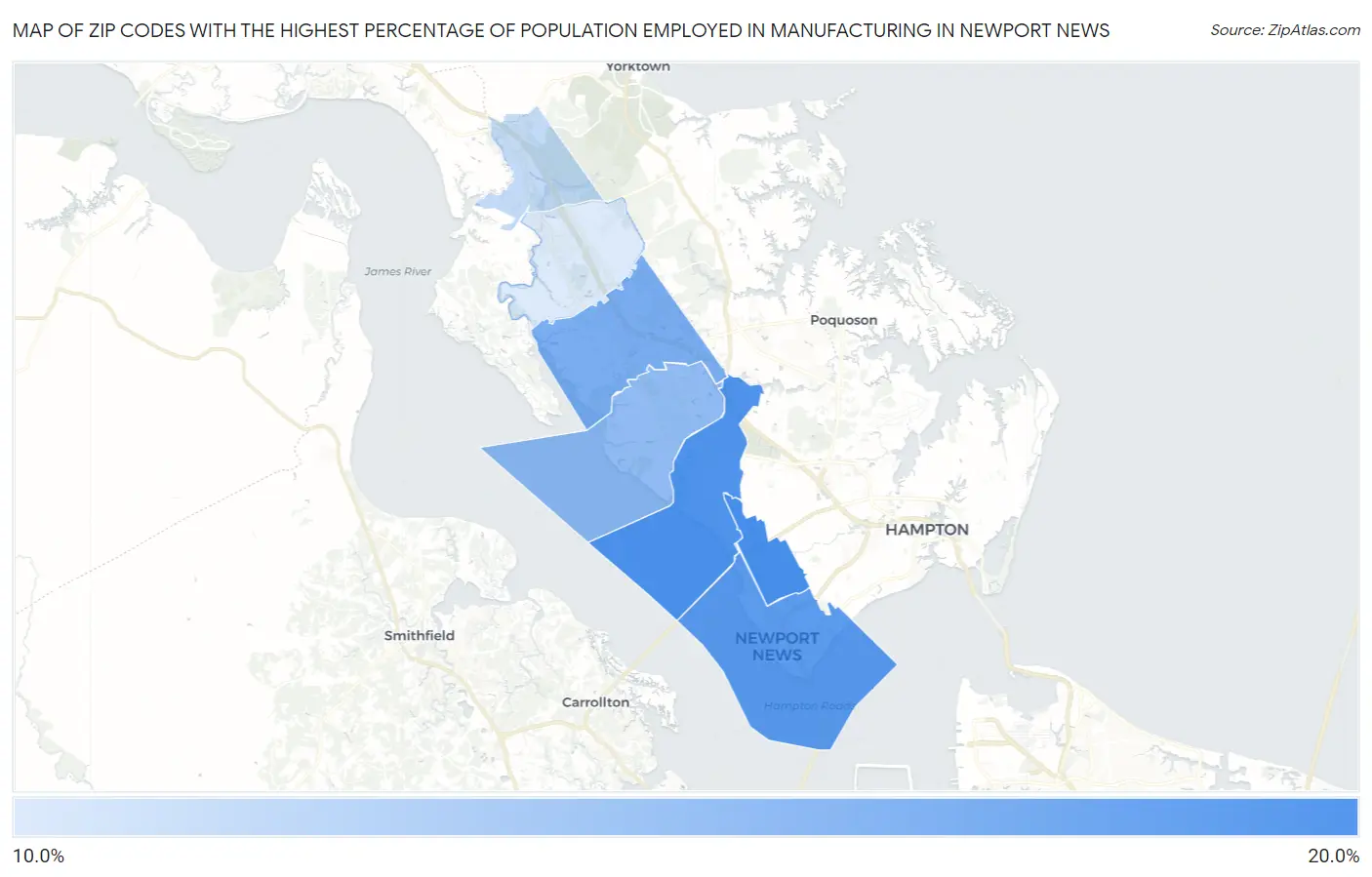 Zip Codes with the Highest Percentage of Population Employed in Manufacturing in Newport News Map