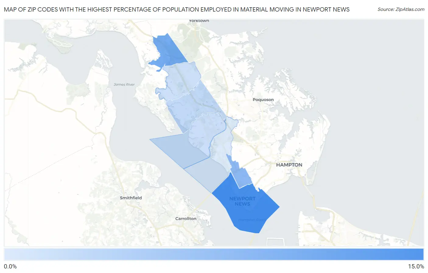 Zip Codes with the Highest Percentage of Population Employed in Material Moving in Newport News Map
