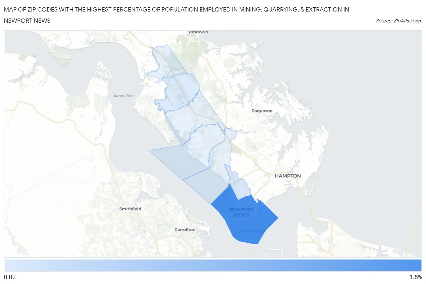 Zip Codes with the Highest Percentage of Population Employed in Mining, Quarrying, & Extraction in Newport News Map