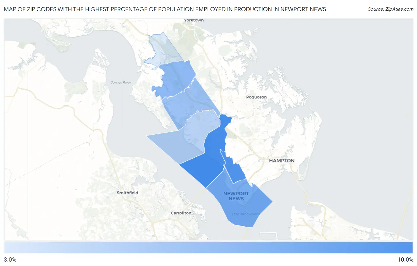 Zip Codes with the Highest Percentage of Population Employed in Production in Newport News Map