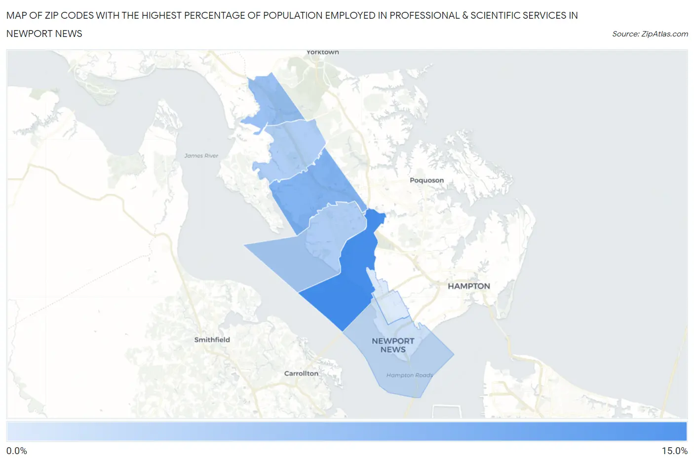 Zip Codes with the Highest Percentage of Population Employed in Professional & Scientific Services in Newport News Map