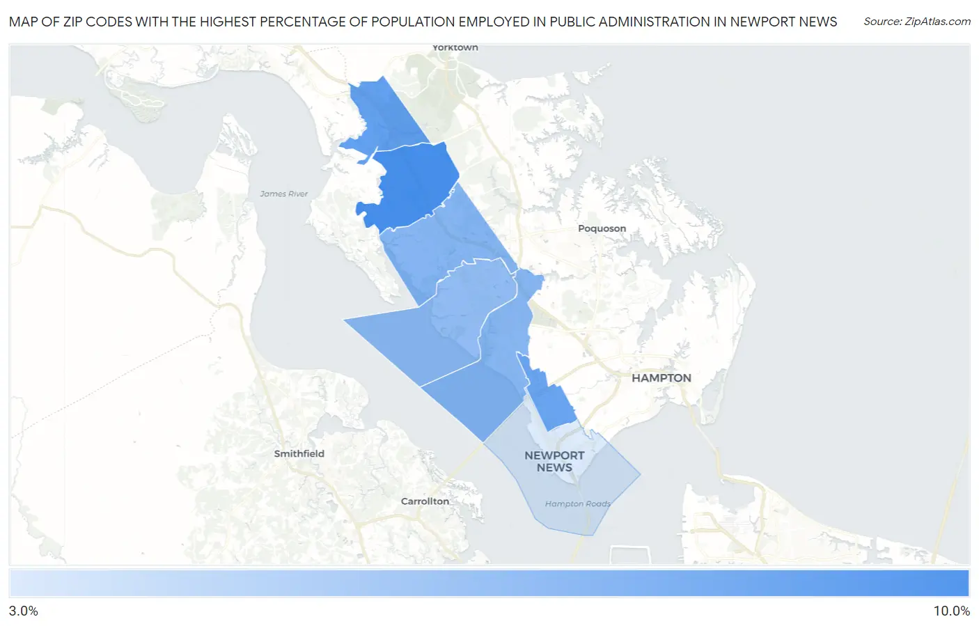 Zip Codes with the Highest Percentage of Population Employed in Public Administration in Newport News Map