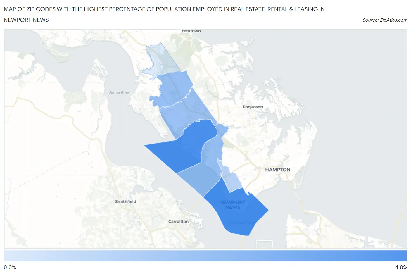 Zip Codes with the Highest Percentage of Population Employed in Real Estate, Rental & Leasing in Newport News Map