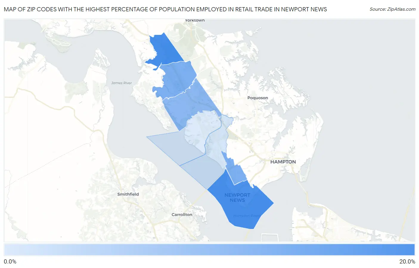 Zip Codes with the Highest Percentage of Population Employed in Retail Trade in Newport News Map