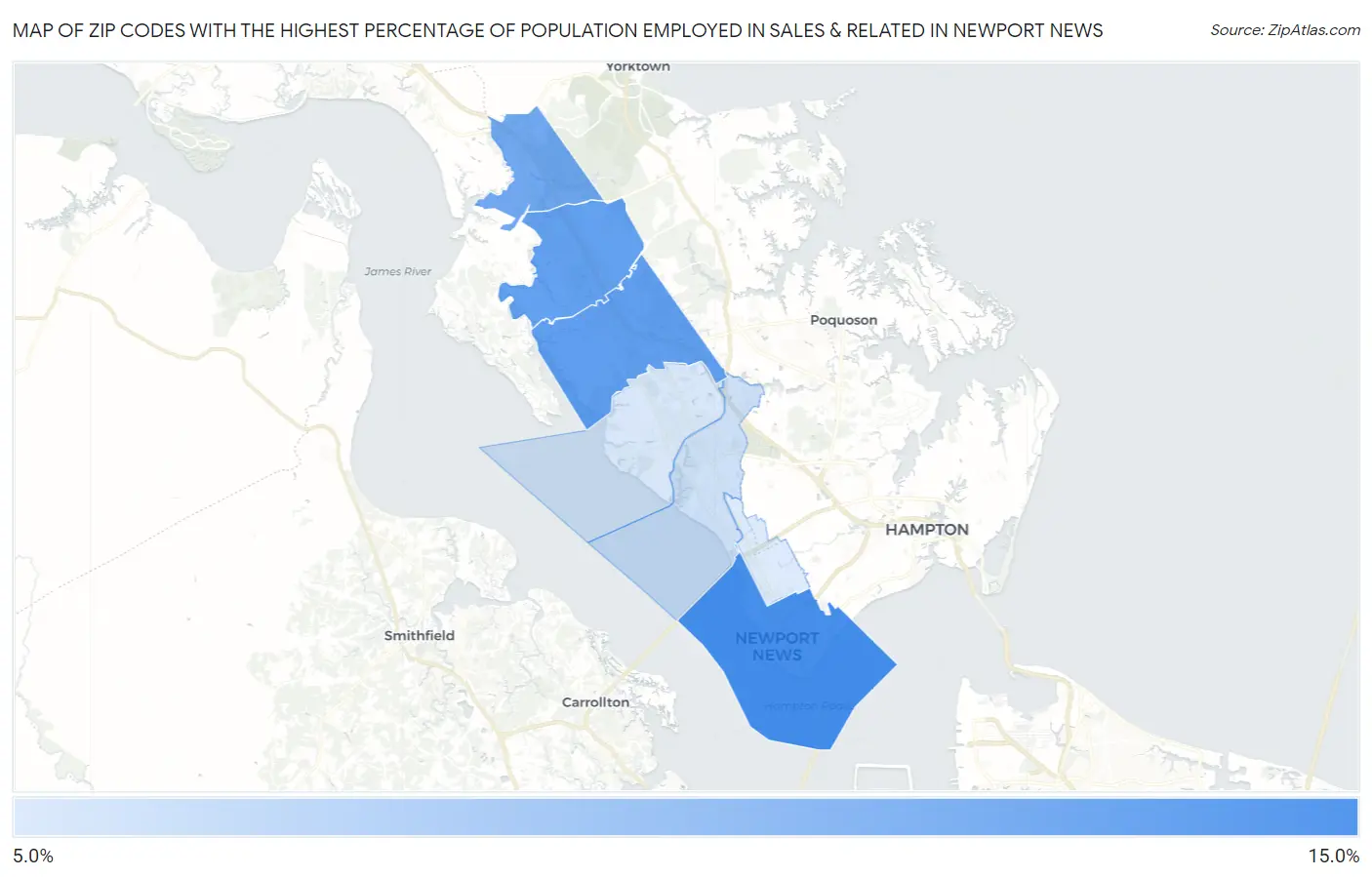 Zip Codes with the Highest Percentage of Population Employed in Sales & Related in Newport News Map