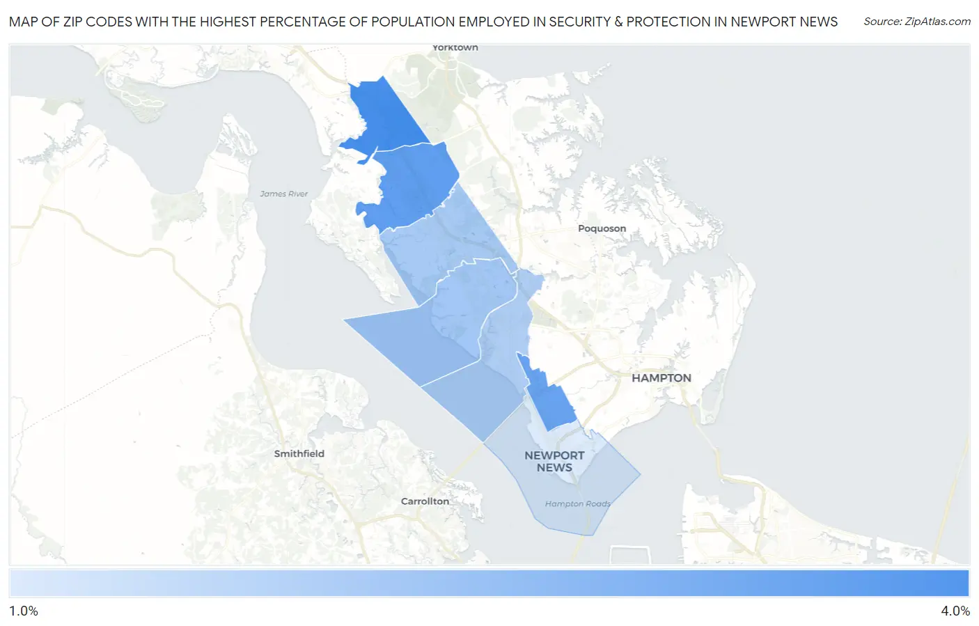 Zip Codes with the Highest Percentage of Population Employed in Security & Protection in Newport News Map