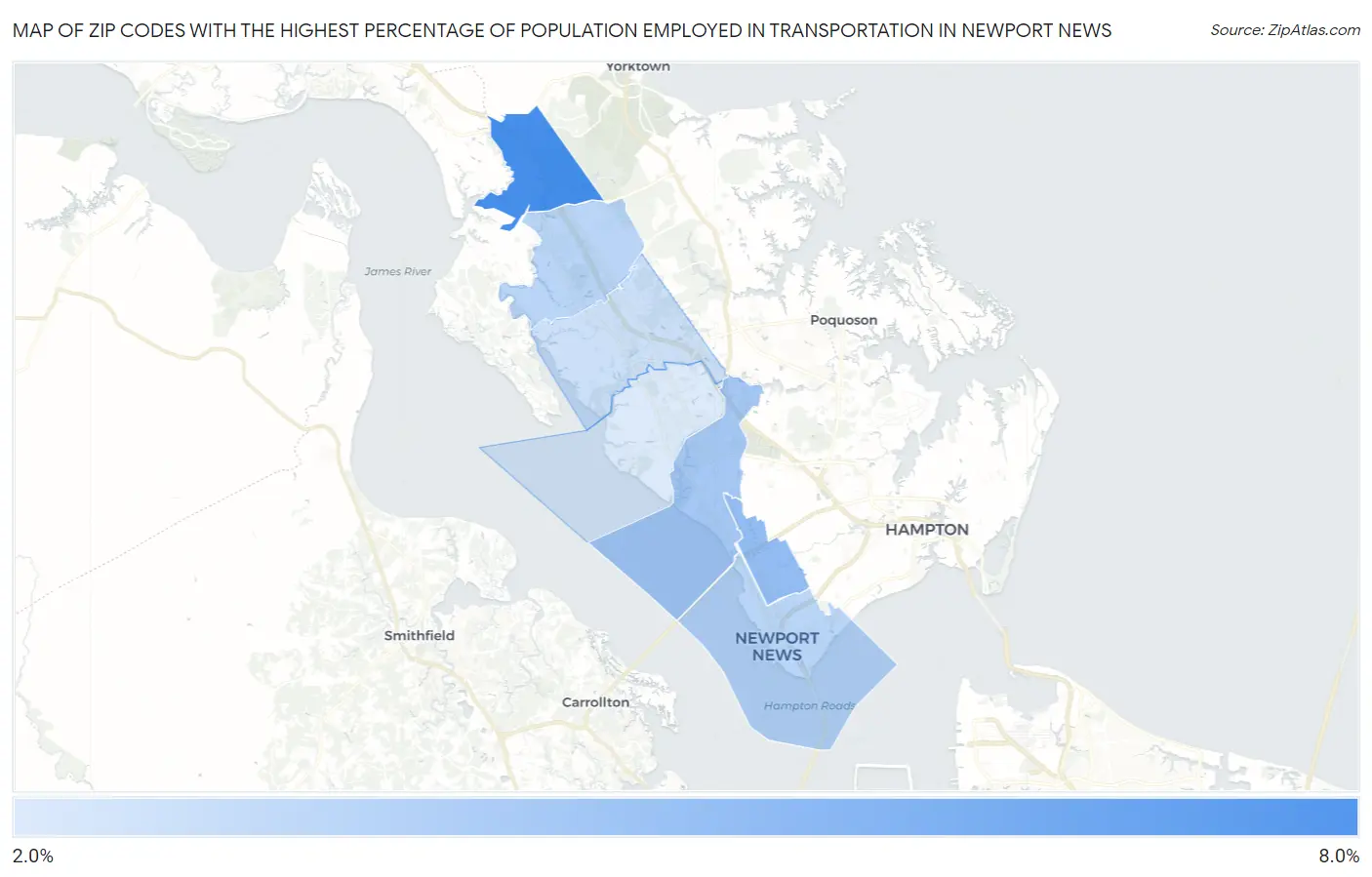 Zip Codes with the Highest Percentage of Population Employed in Transportation in Newport News Map