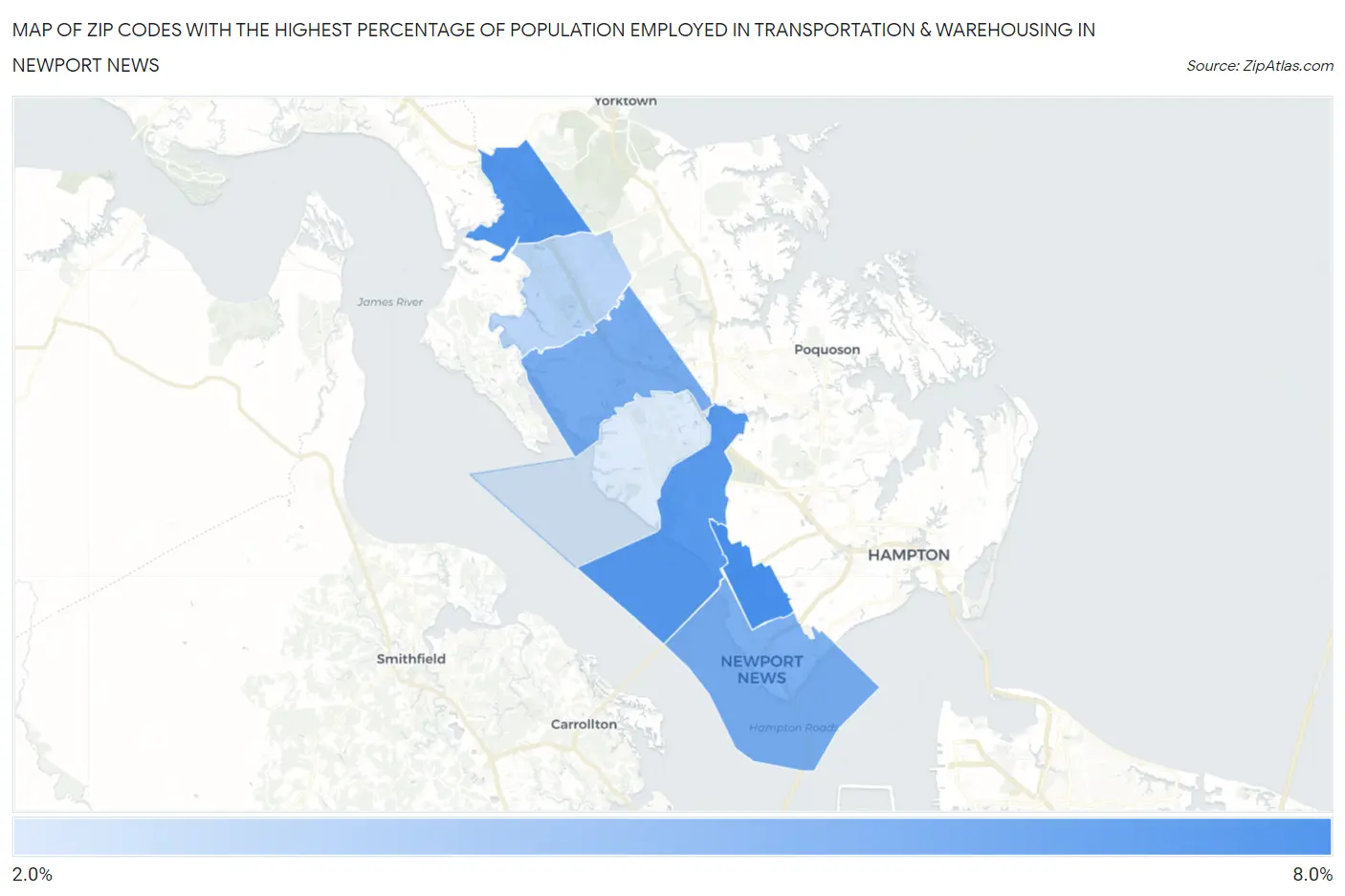 Zip Codes with the Highest Percentage of Population Employed in Transportation & Warehousing in Newport News Map