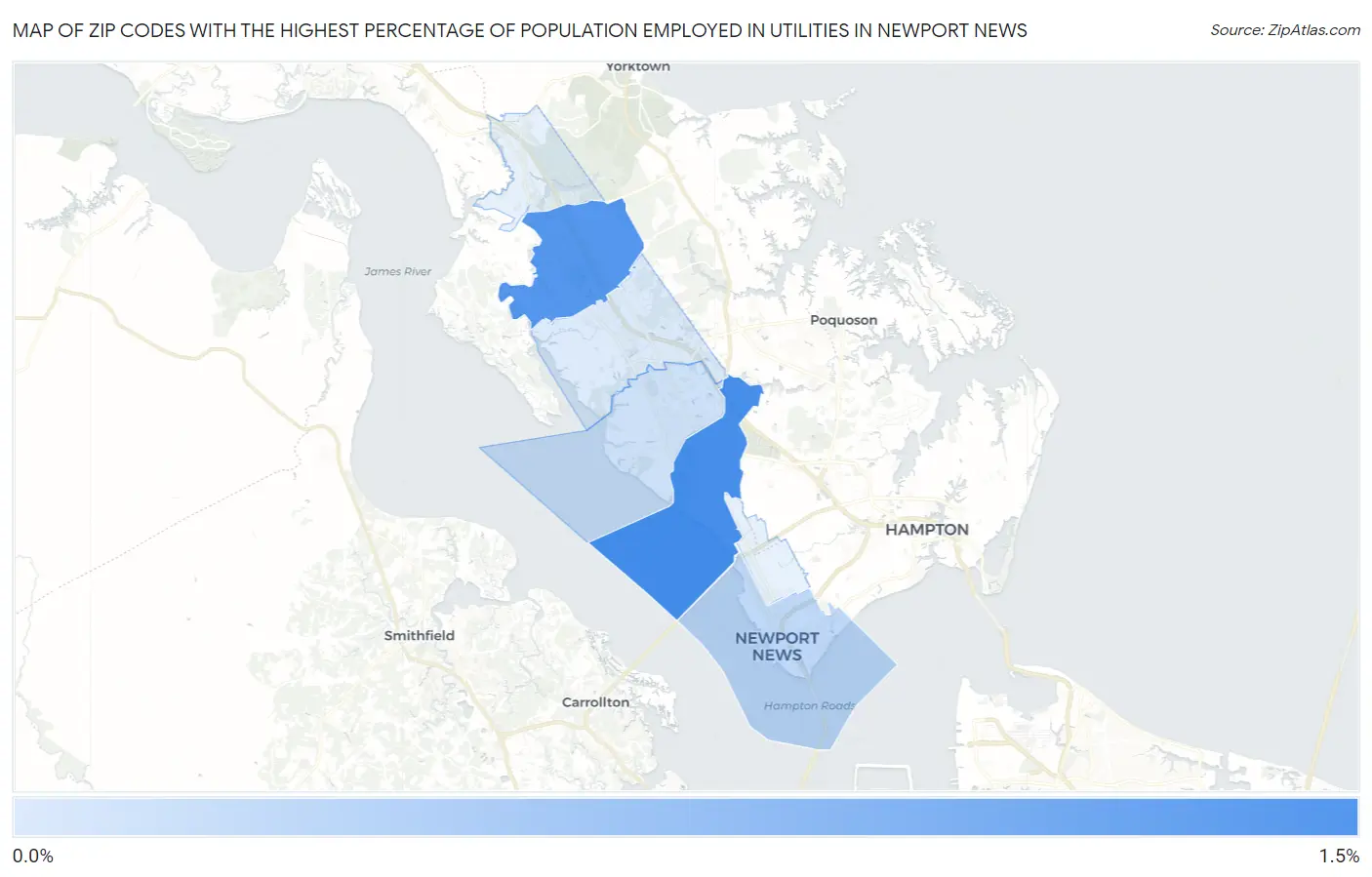 Zip Codes with the Highest Percentage of Population Employed in Utilities in Newport News Map