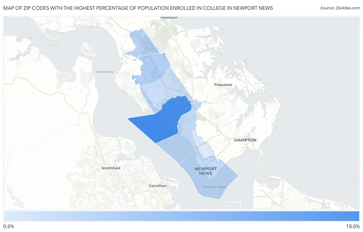 Zip Codes with the Highest Percentage of Population Enrolled in College in Newport News Map