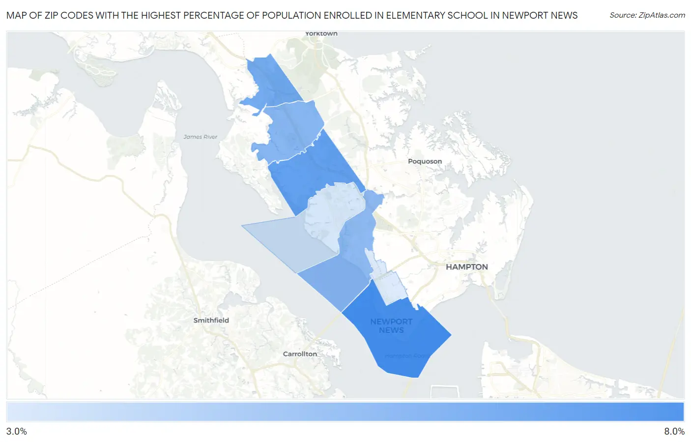 Zip Codes with the Highest Percentage of Population Enrolled in Elementary School in Newport News Map