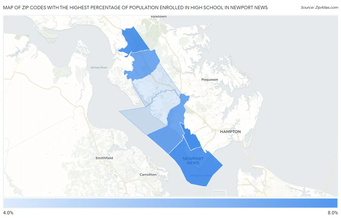 Zip Codes with the Highest Percentage of Population Enrolled in High School in Newport News Map