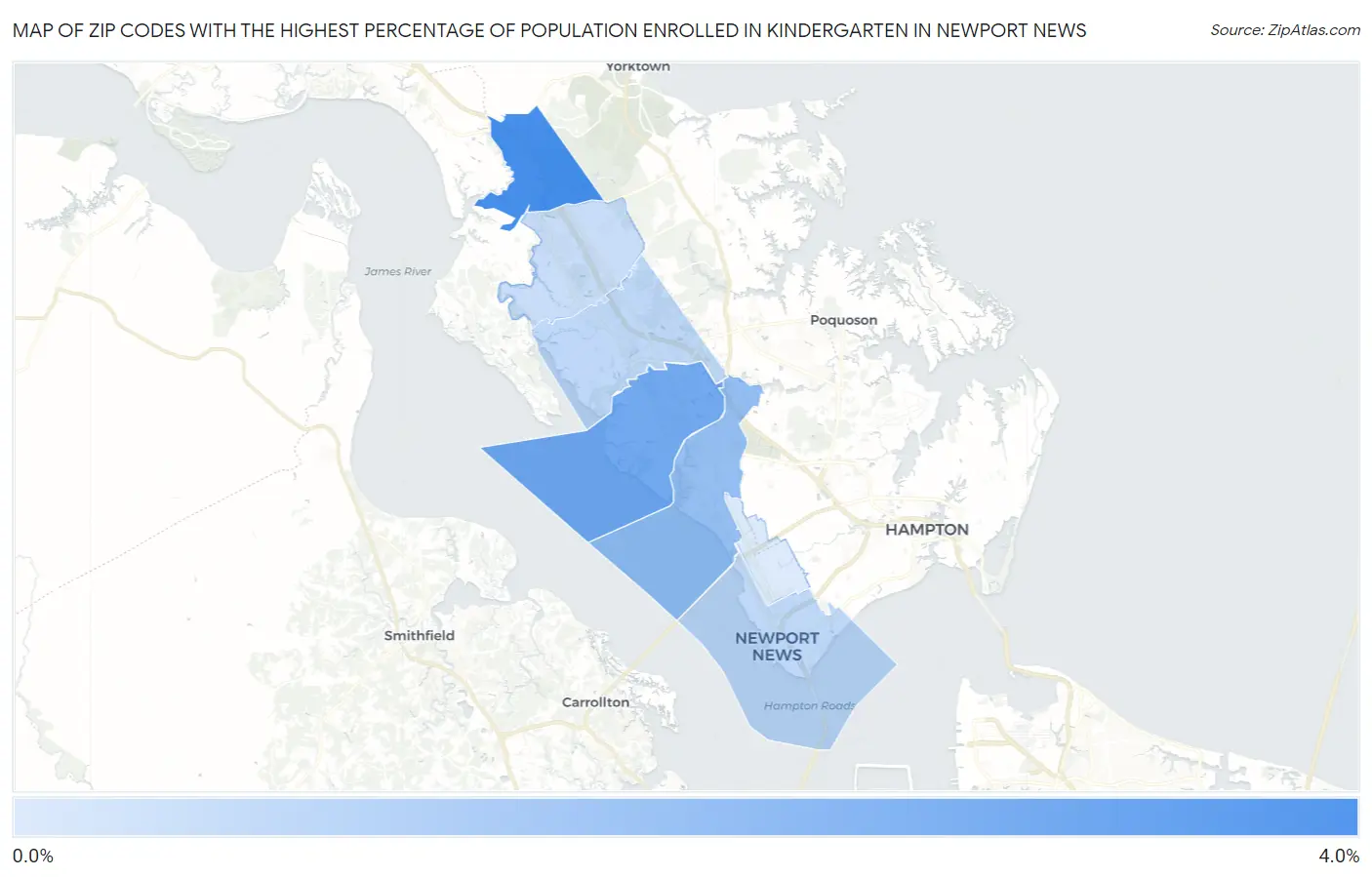 Zip Codes with the Highest Percentage of Population Enrolled in Kindergarten in Newport News Map