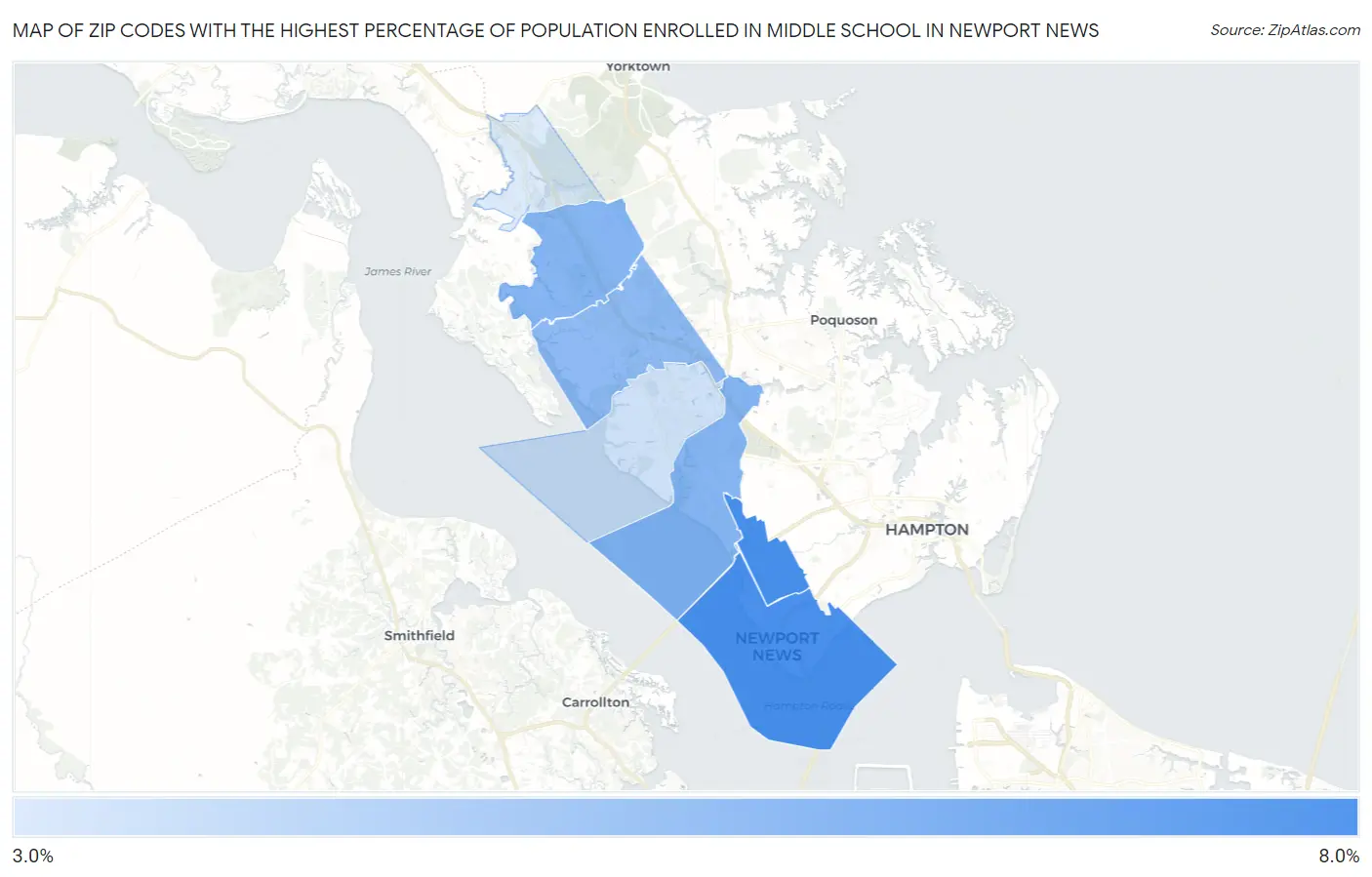 Zip Codes with the Highest Percentage of Population Enrolled in Middle School in Newport News Map