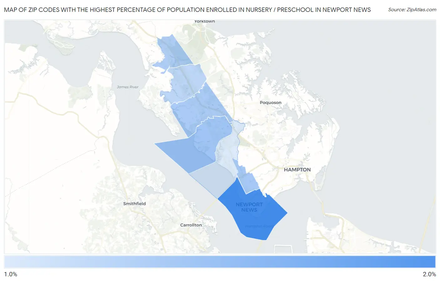 Zip Codes with the Highest Percentage of Population Enrolled in Nursery / Preschool in Newport News Map