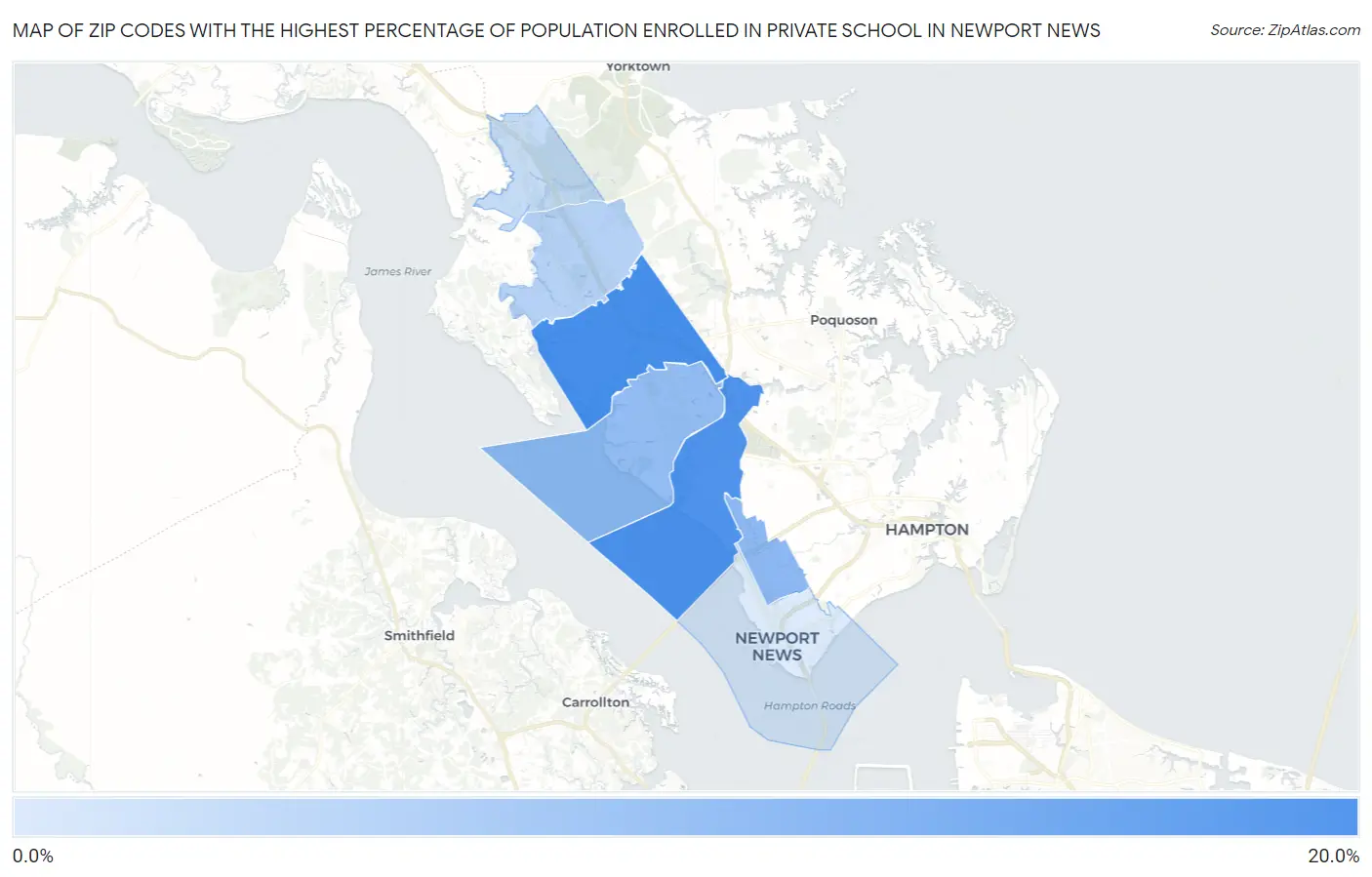 Zip Codes with the Highest Percentage of Population Enrolled in Private School in Newport News Map