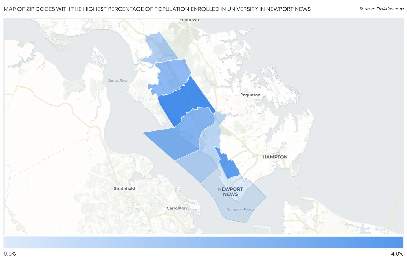 Zip Codes with the Highest Percentage of Population Enrolled in University in Newport News Map