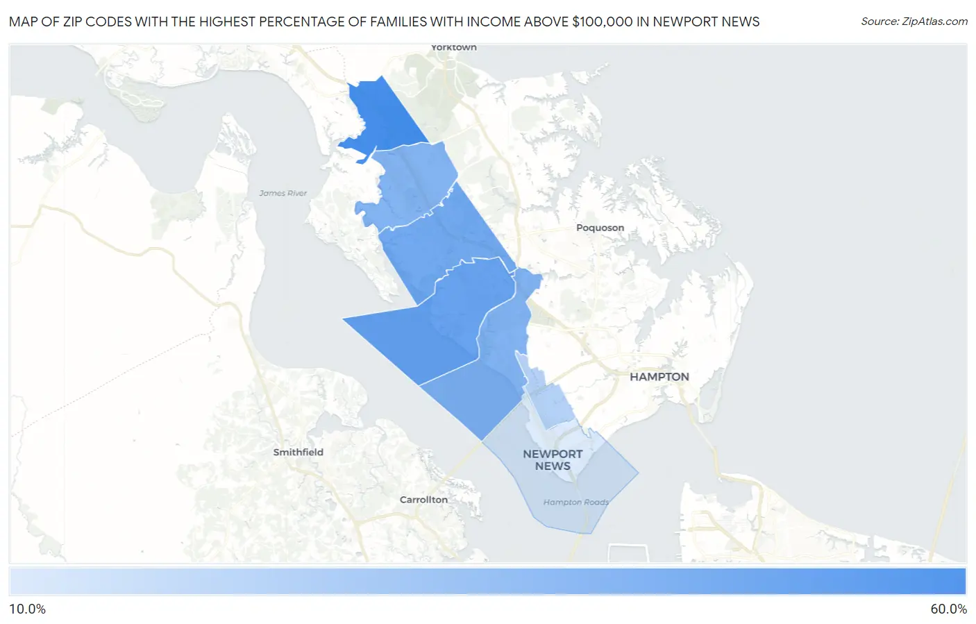 Zip Codes with the Highest Percentage of Families with Income Above $100,000 in Newport News Map
