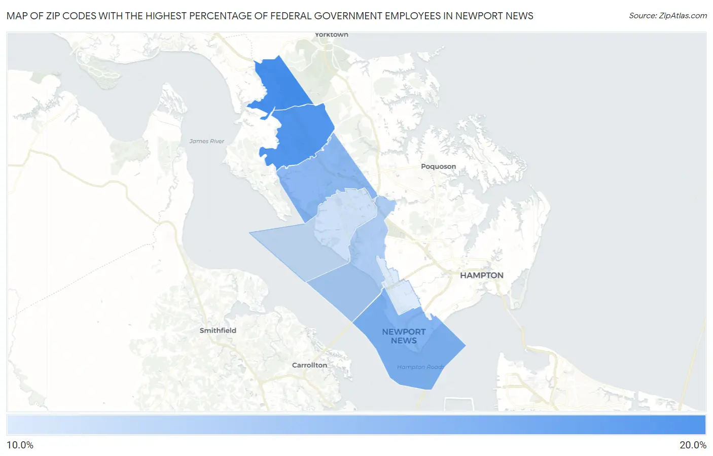 Zip Codes with the Highest Percentage of Federal Government Employees in Newport News Map