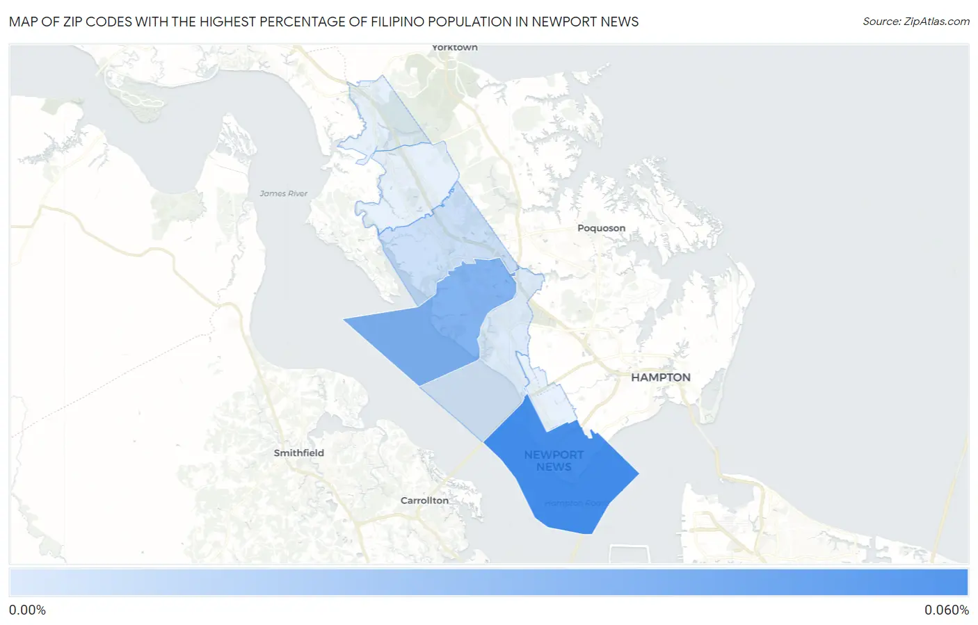 Zip Codes with the Highest Percentage of Filipino Population in Newport News Map