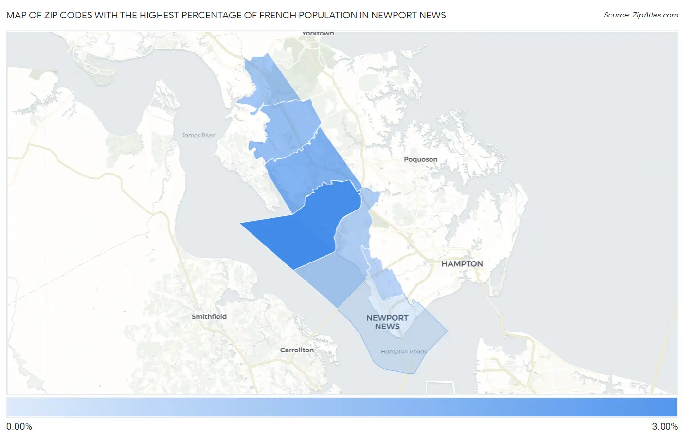 Zip Codes with the Highest Percentage of French Population in Newport News Map