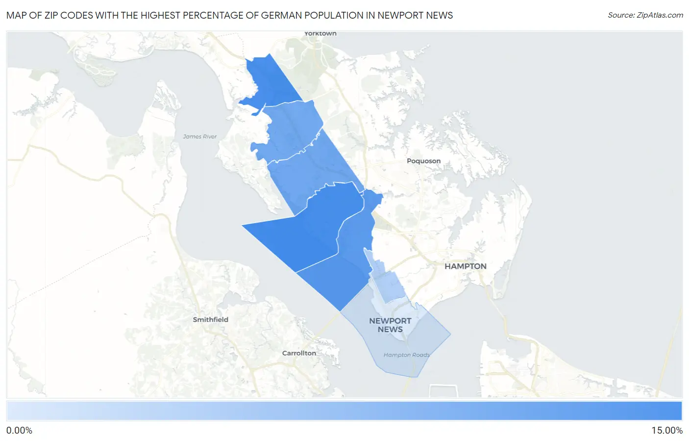 Zip Codes with the Highest Percentage of German Population in Newport News Map