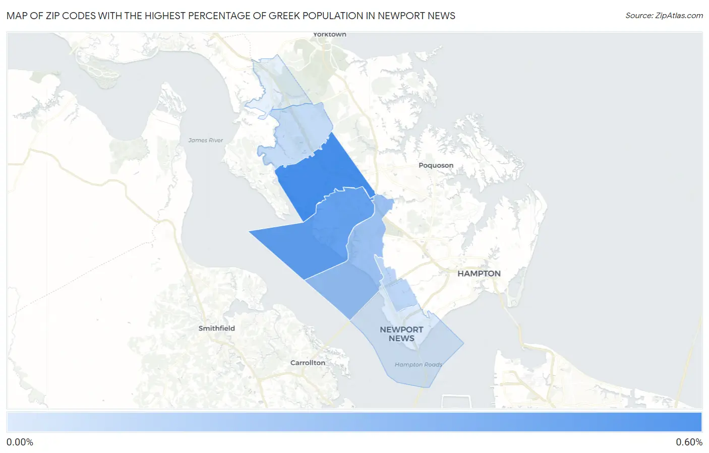 Zip Codes with the Highest Percentage of Greek Population in Newport News Map