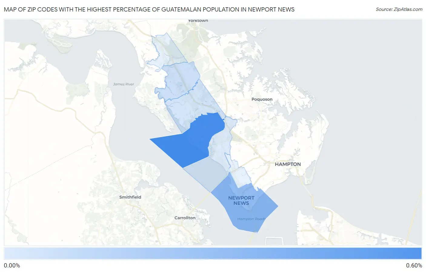 Zip Codes with the Highest Percentage of Guatemalan Population in Newport News Map