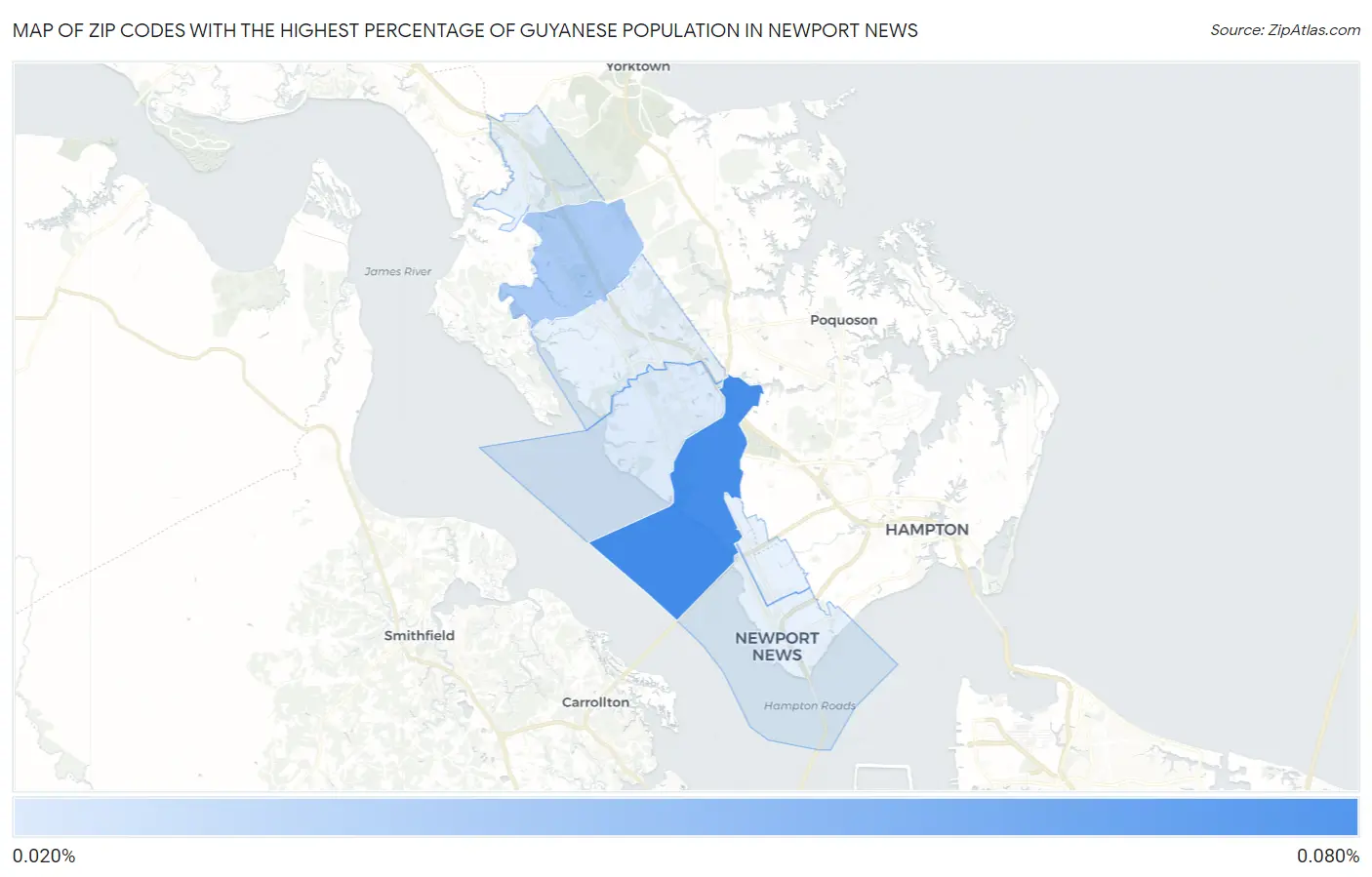 Zip Codes with the Highest Percentage of Guyanese Population in Newport News Map
