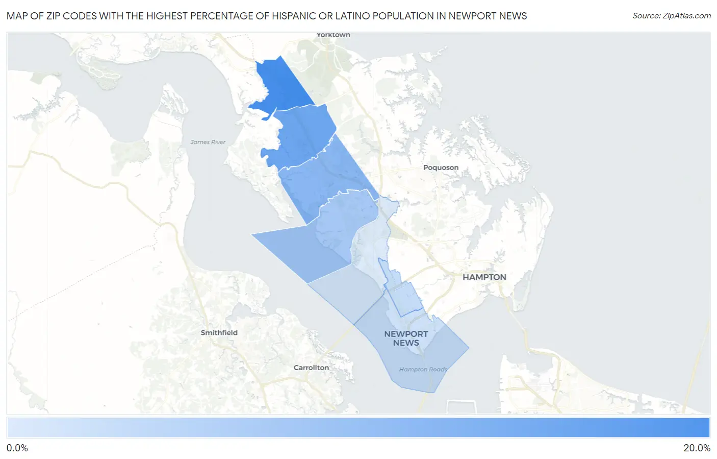 Zip Codes with the Highest Percentage of Hispanic or Latino Population in Newport News Map