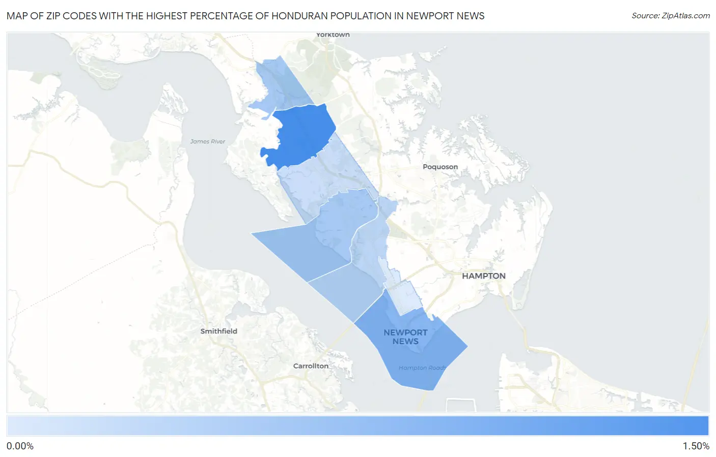 Zip Codes with the Highest Percentage of Honduran Population in Newport News Map