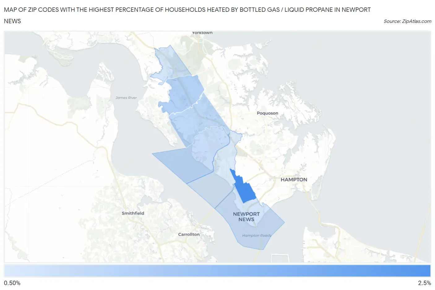Zip Codes with the Highest Percentage of Households Heated by Bottled Gas / Liquid Propane in Newport News Map