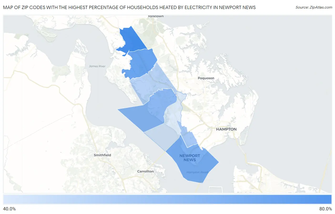 Zip Codes with the Highest Percentage of Households Heated by Electricity in Newport News Map