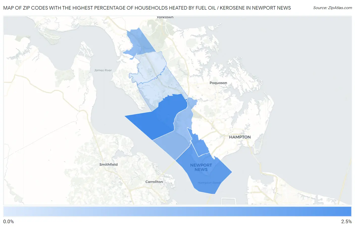 Zip Codes with the Highest Percentage of Households Heated by Fuel Oil / Kerosene in Newport News Map