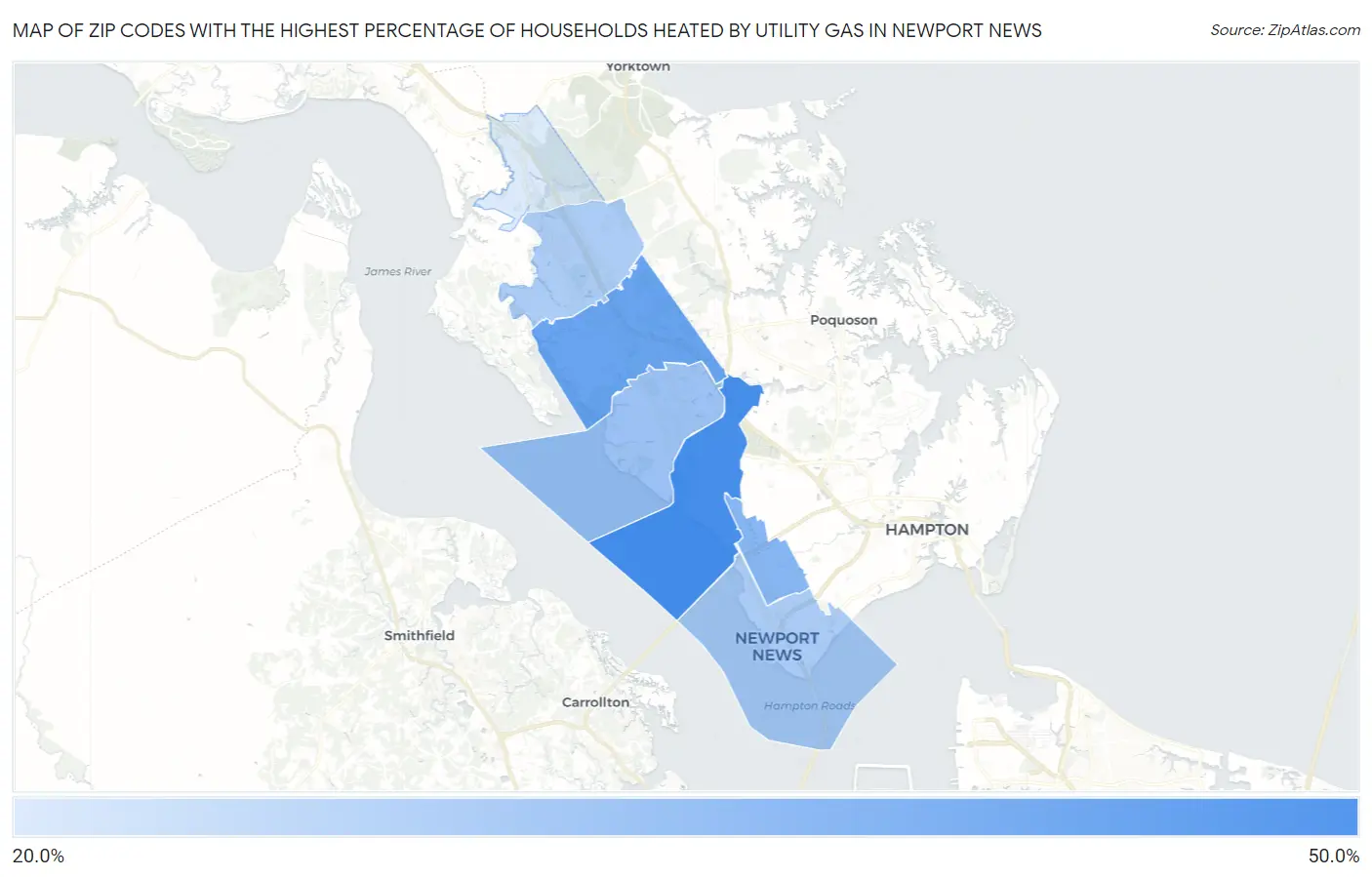 Zip Codes with the Highest Percentage of Households Heated by Utility Gas in Newport News Map