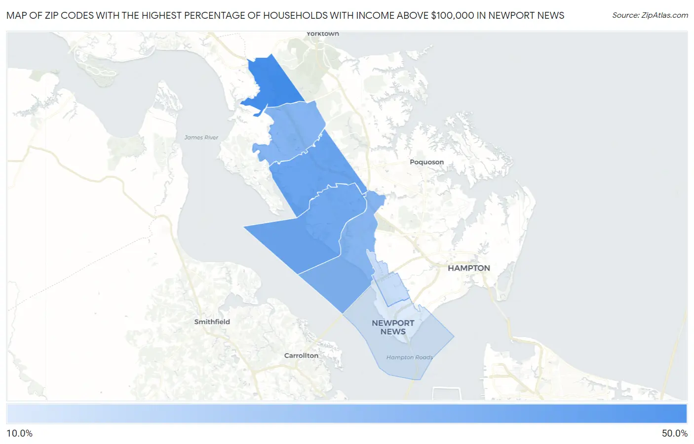 Zip Codes with the Highest Percentage of Households with Income Above $100,000 in Newport News Map