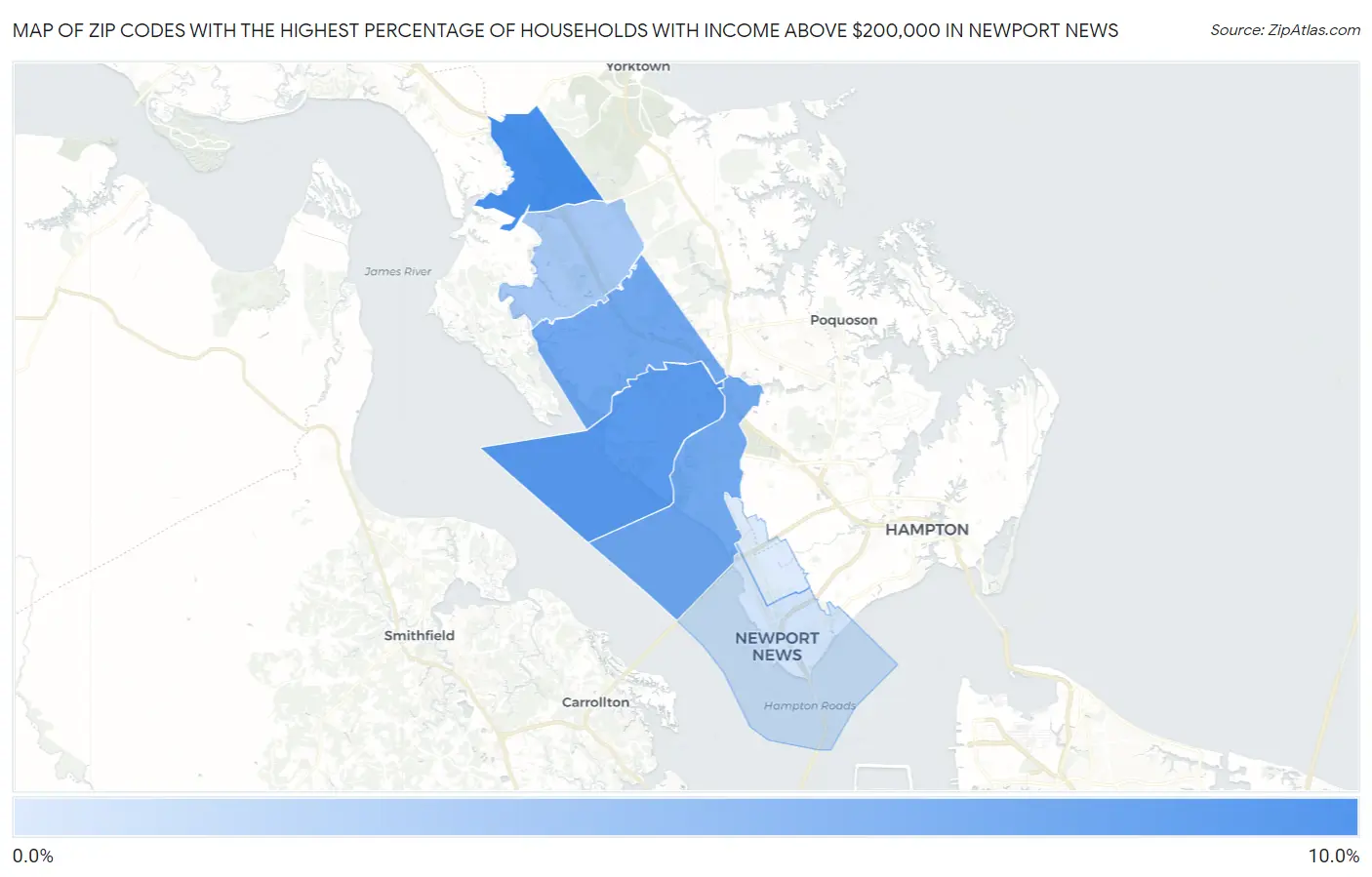 Zip Codes with the Highest Percentage of Households with Income Above $200,000 in Newport News Map