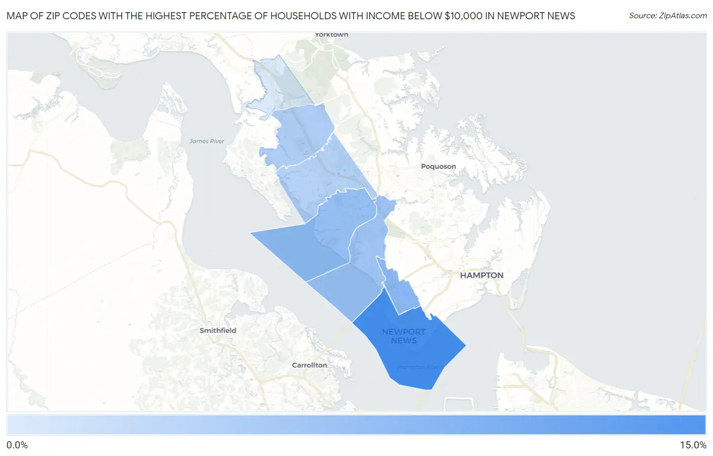 Zip Codes with the Highest Percentage of Households with Income Below $10,000 in Newport News Map